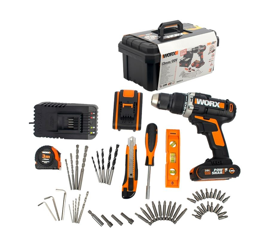 20V Hammer Drill with Charger and 55-Piece Toolbox (Model: WX371.10)