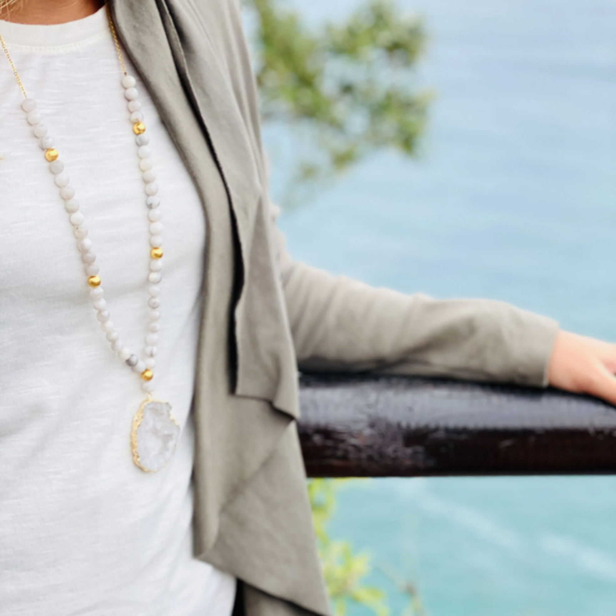 Natural Beaded Druzy Gemstone Pendant Necklace