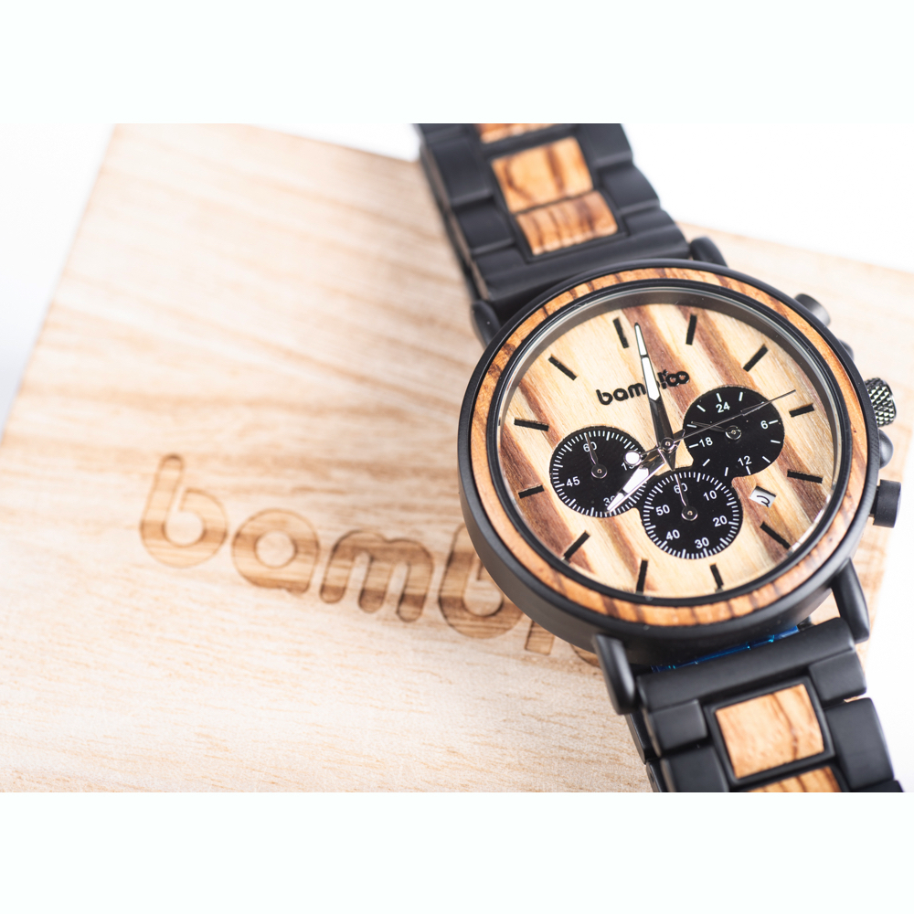 Two-Tone Wooden & Stainless Steel Chronograph Watch