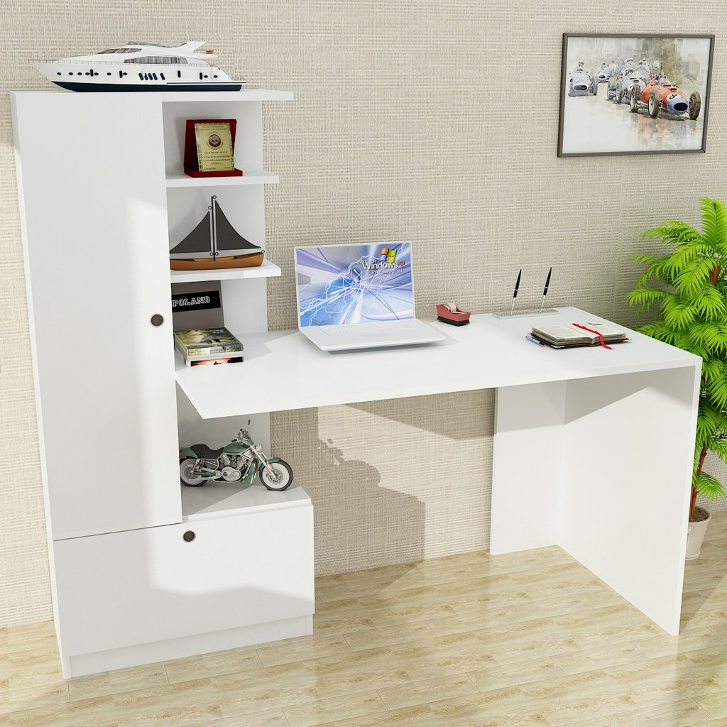 White Domingo Desk with Side Shelf
