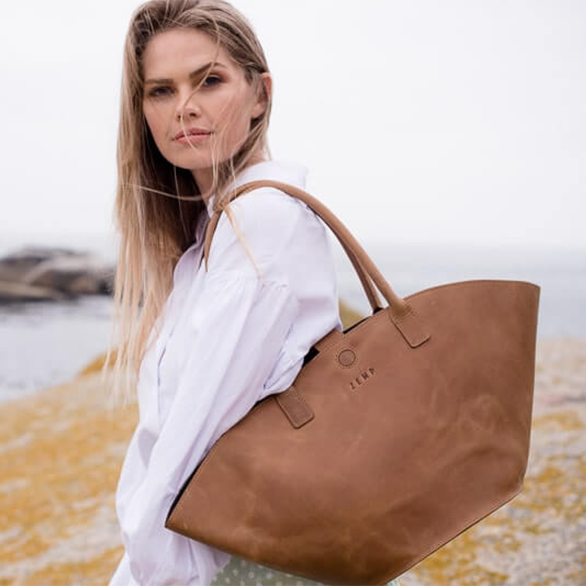 Waxy Tan Genuine Leather Fan Shaped Tote