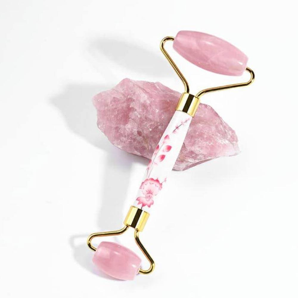 Rose Quartz Facial Derma Roller with Blue or Pink Ceramic Design