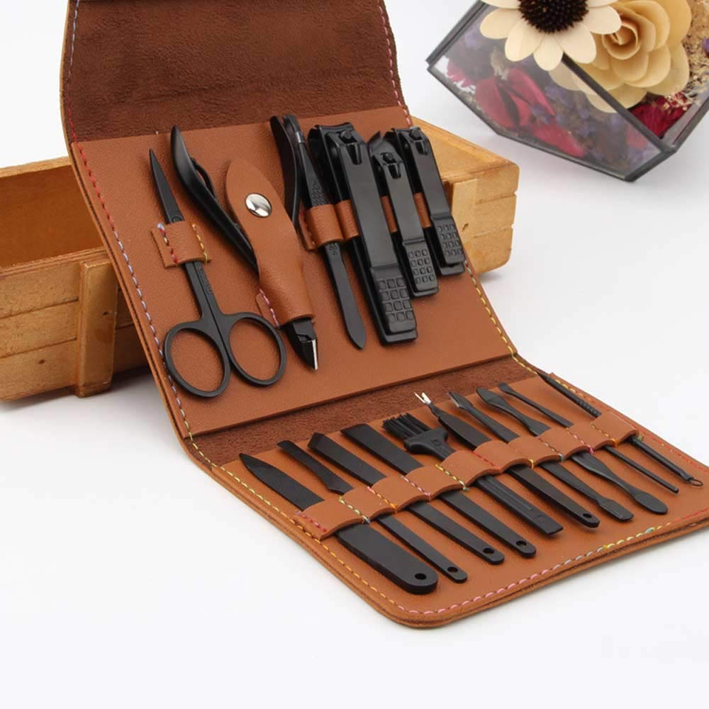 16 Piece Stainless Steel Grooming Kit with PU Leather Case