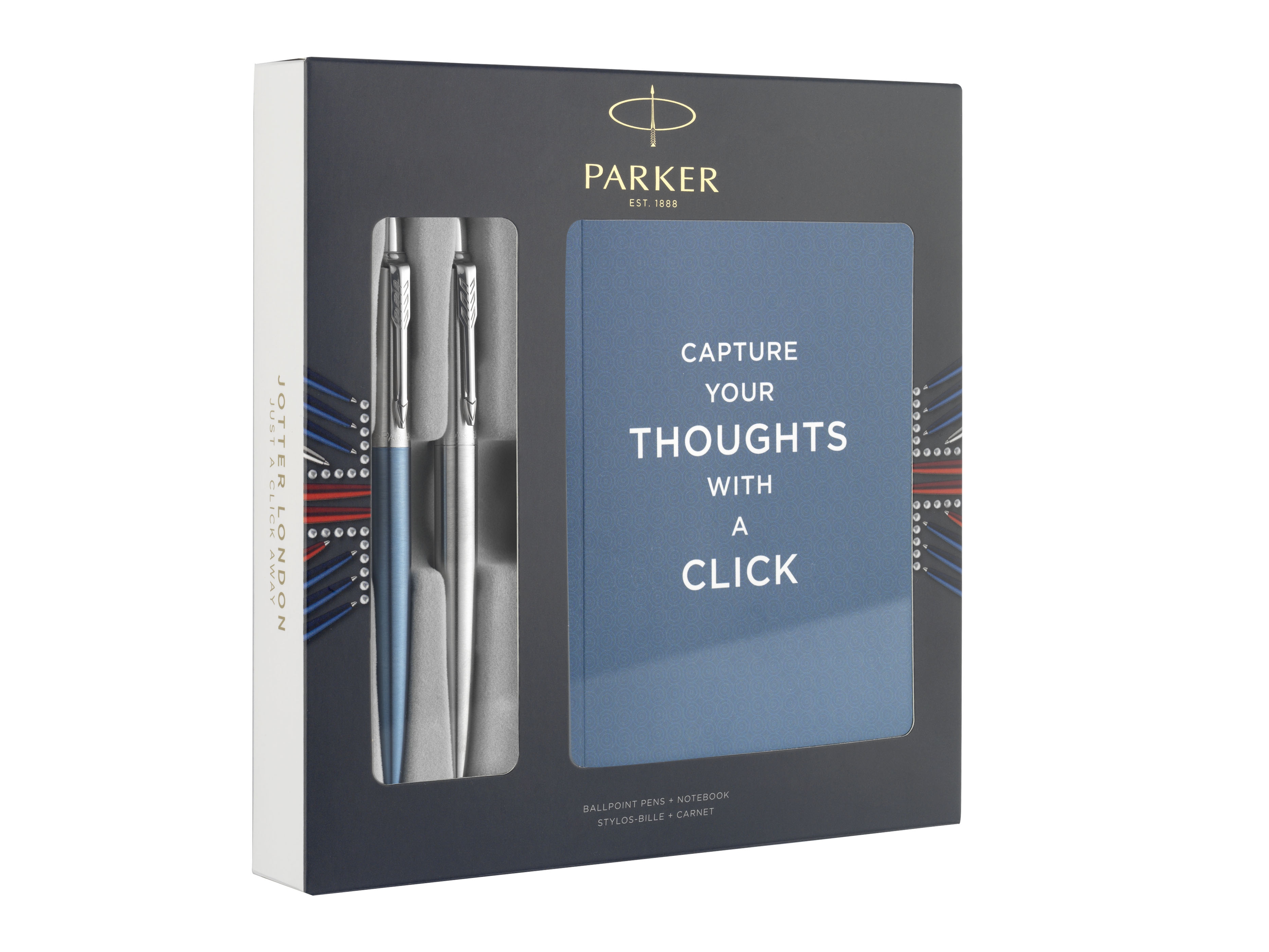 Jotter Stainless Steel Waterloo Blue Ballpoint, Stainless Steel Ballpen and a Notebook