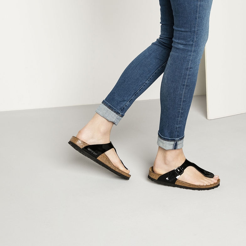 Ladies Gizeh Birko-Flor Black Patent Sandals