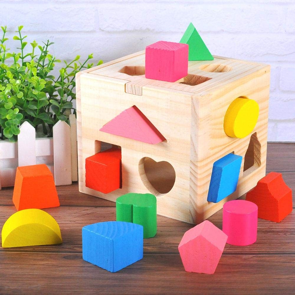 Shape Sorter Wooden Cube Toy Box with 13 Colourful Shapes