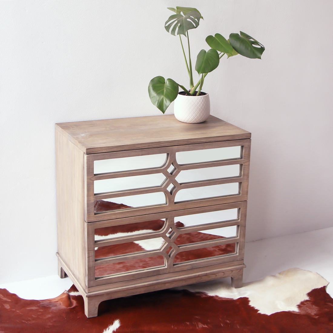 Mirrored Cut-Out American Red Oak Wood Cabinet