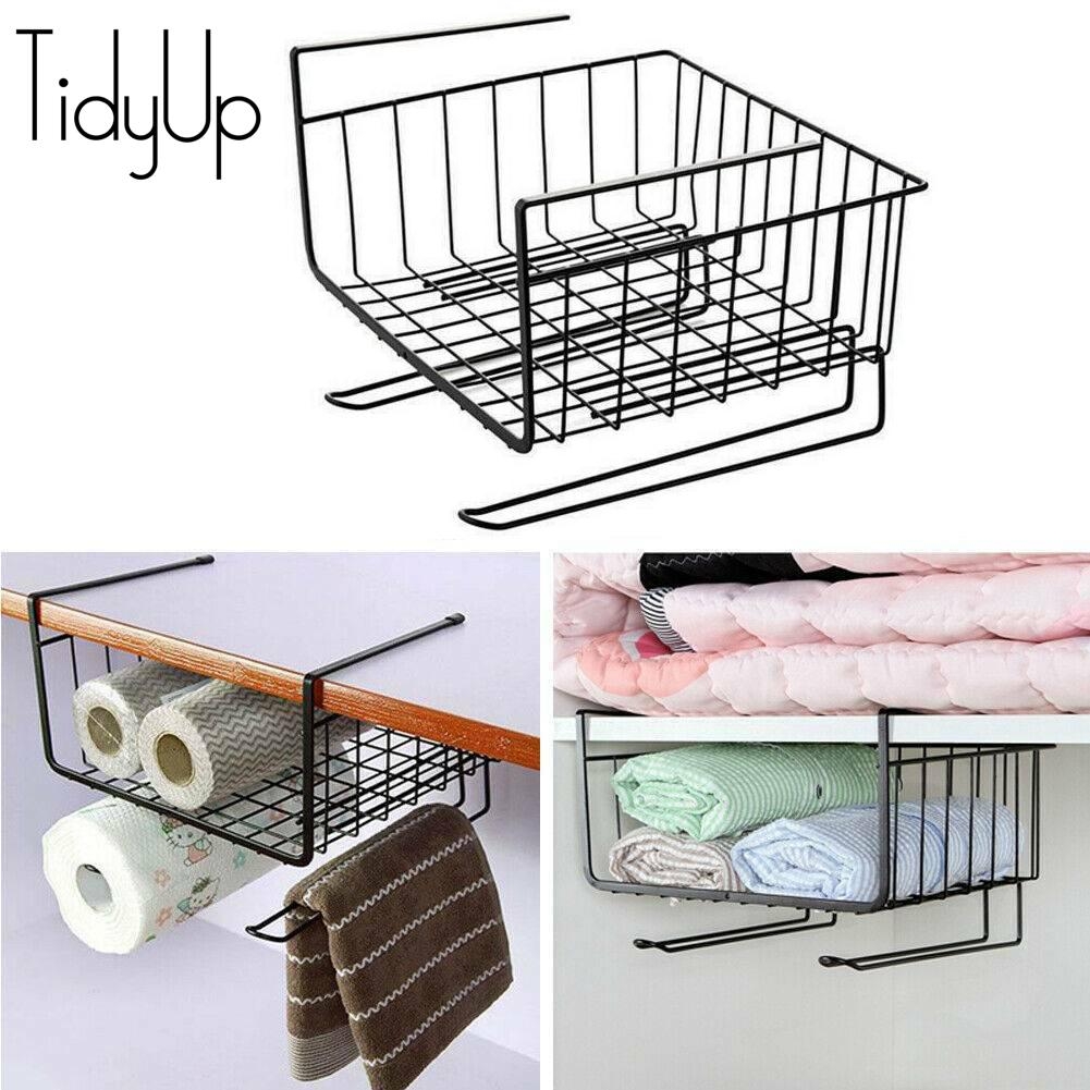 Under Shelf Storage Iron Basket with Hooks (Black or White)