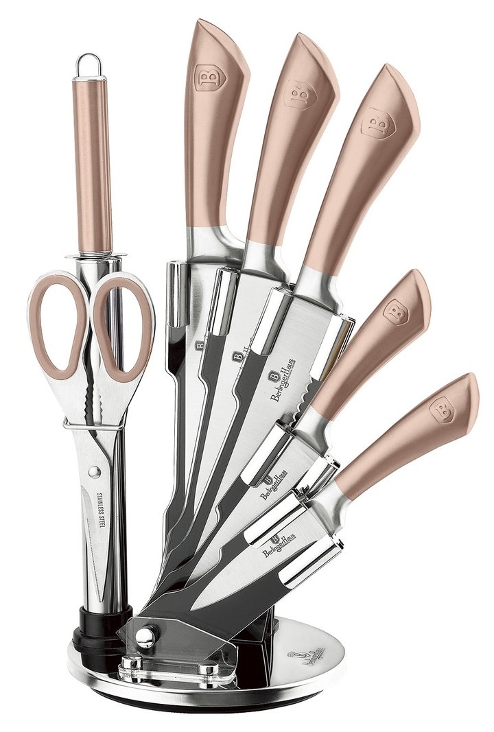 8-Piece Stainless Steel Rose Gold Knife Set with Stand