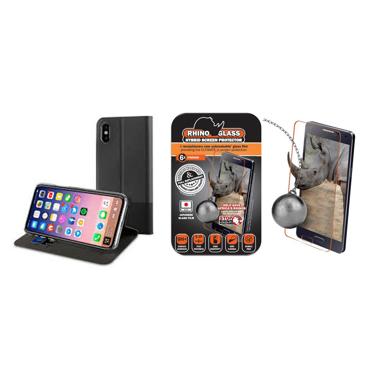 Rhino Glass Screen Guard & Black Folio Wallet