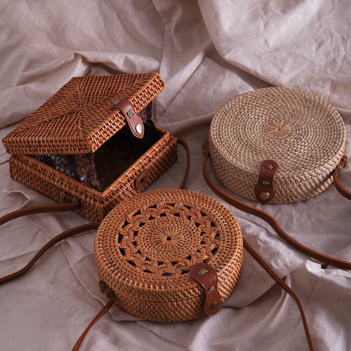 Natural Woven Rattan Cross Body Bag