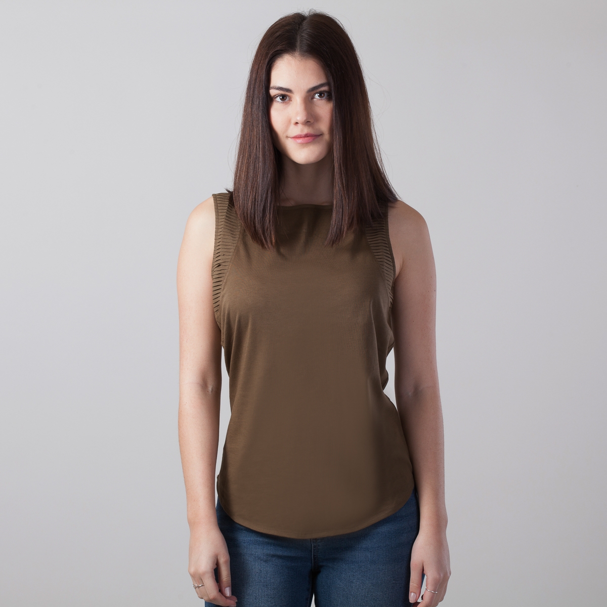 Ladies Olive Round-Neck Sleeveless Top With Stitching Detail