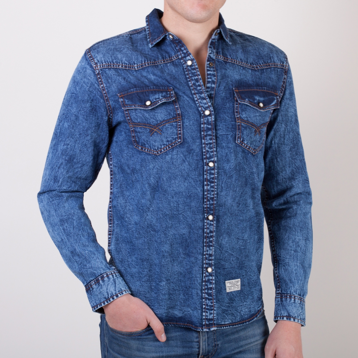 Men's Indigo Acid Wash Denim Long Sleeve Shirt