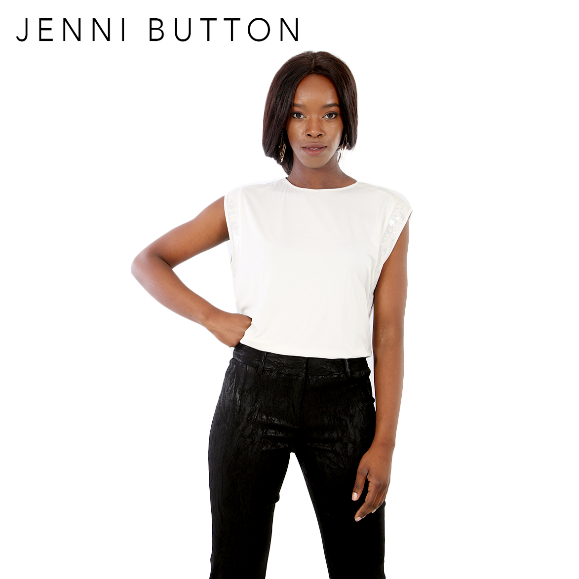 Ladies Ivory Luxury Sleeveless Tee with Metallic Shoulder Detail