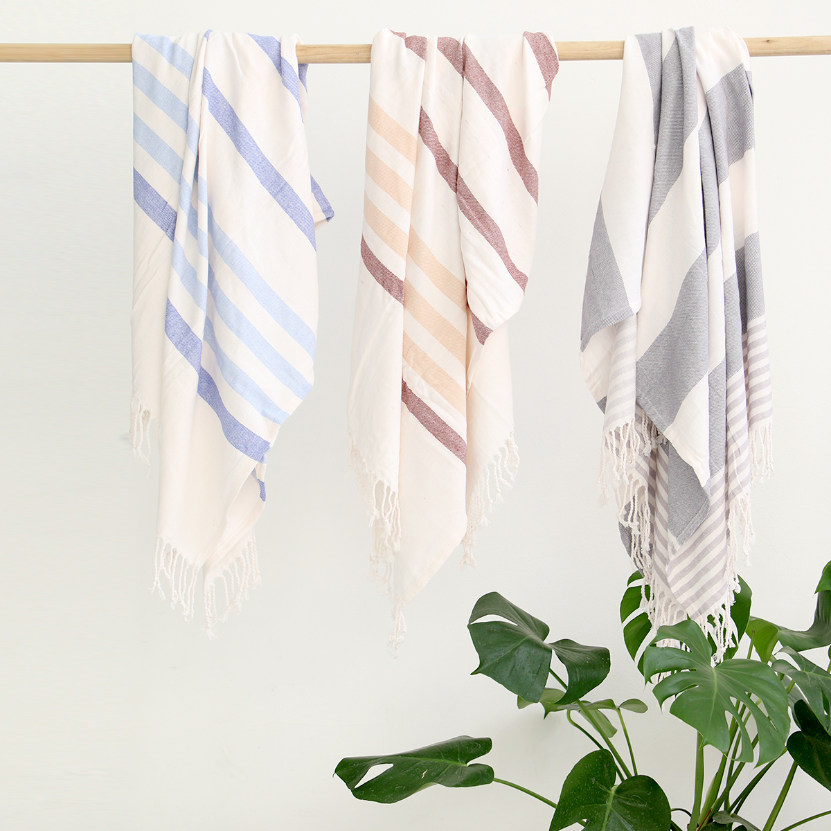From left to right: Light Blue, Mauve Thin Striped and Grey Broad Striped