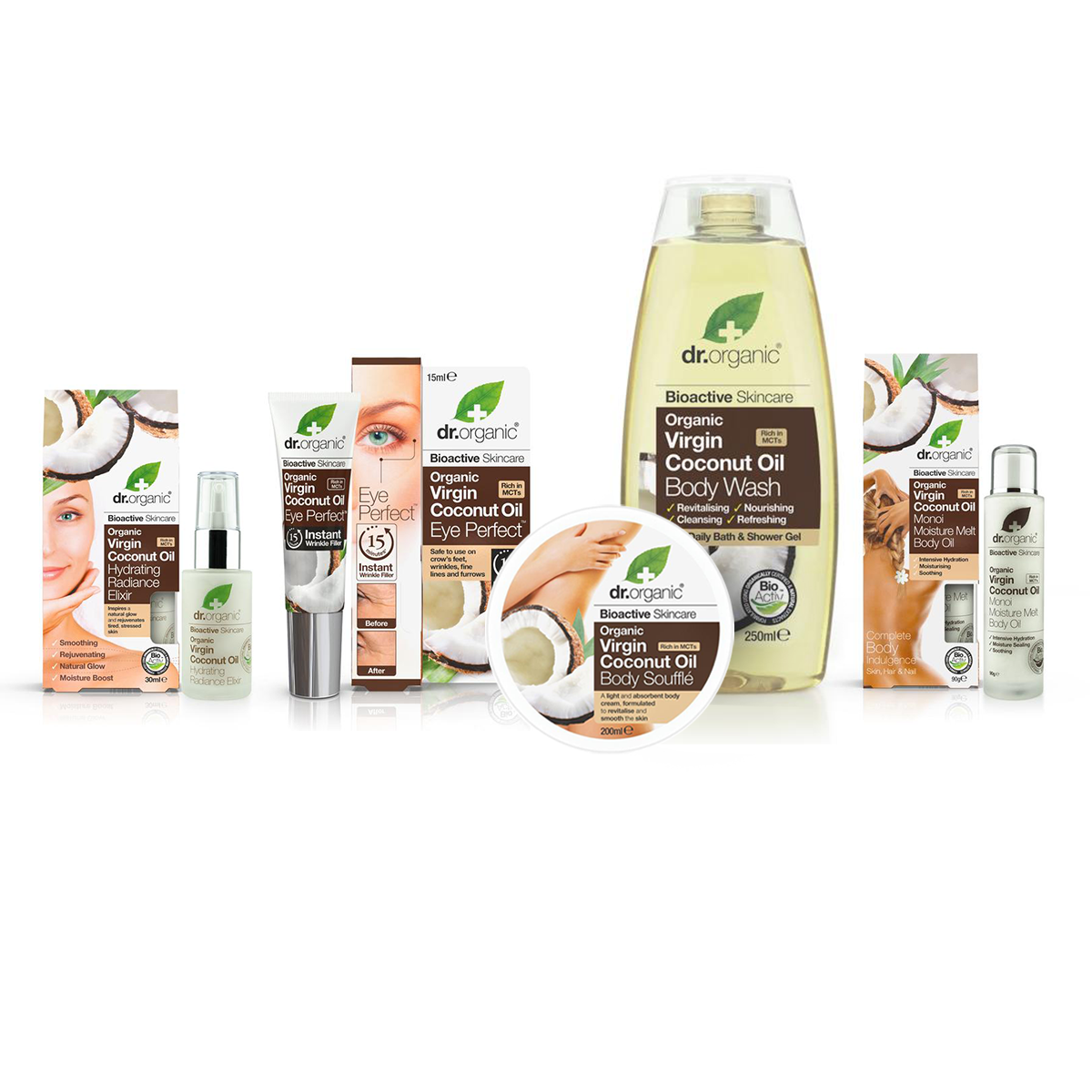 Virgin Coconut Oil Skin & Body Combo (Body Souffle, Body Wash, Eye Perfect Wrinkle Filler, Hydrating Radiance Elixir and Moisture Melt)