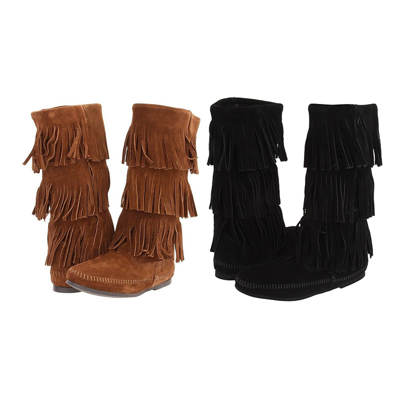 Calf Hi 3 Layer Fringe Soft Suede Genuine Leather Boot