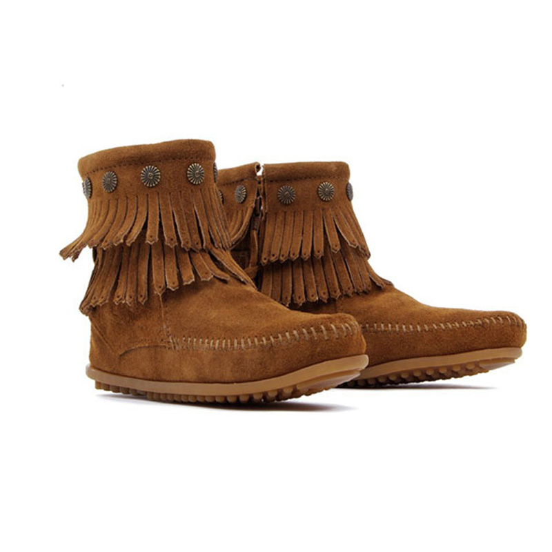Double Soft Suede Genuine Leather Fringe Side Zip Boot