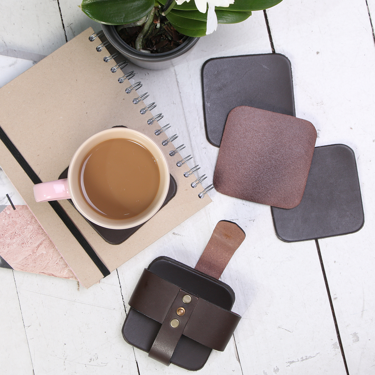Pack of 6 Leather Coasters with Holder