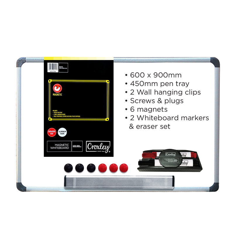 Magnetic Whiteboard with 10 Markers and Accessories (600mm x 900mm)