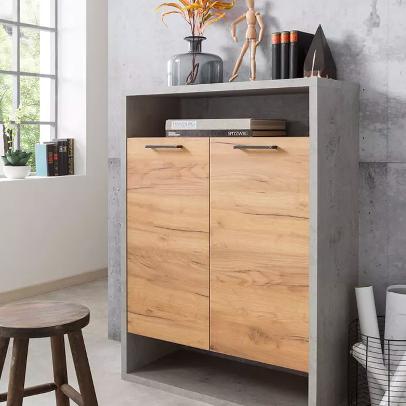 Golden Oak & MDF Concrete Look Two Door Cabinet
