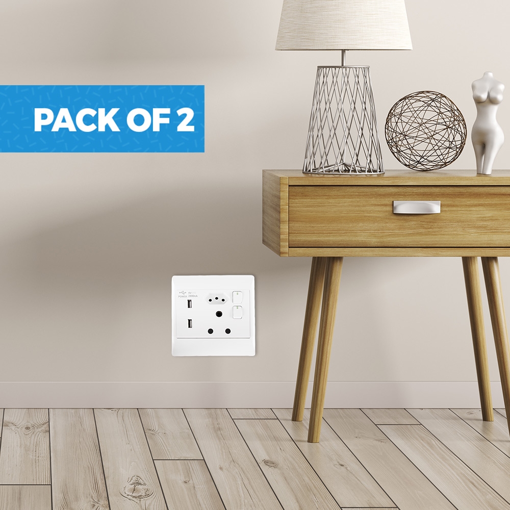 Pack of 2 Wall Sockets (1x 2 prong, 1x 3 prong, 2x USB)