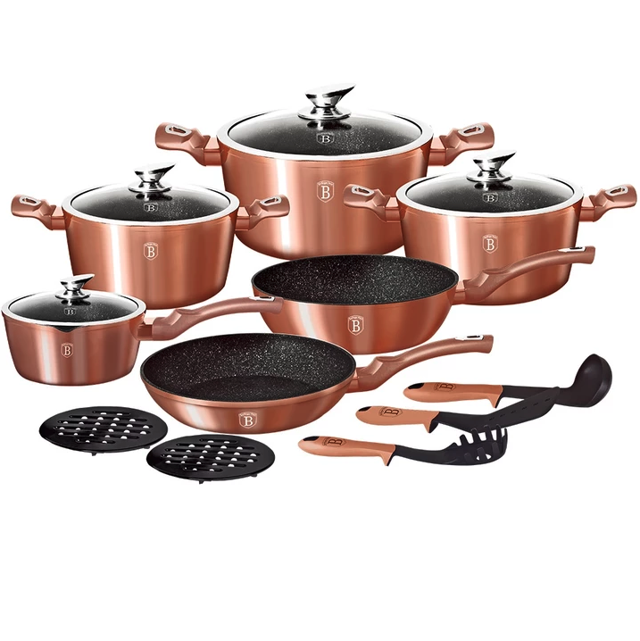 15-Piece Metallic Line Marble-Coated Turbo-Induction Cookware Set (More Colours Available)