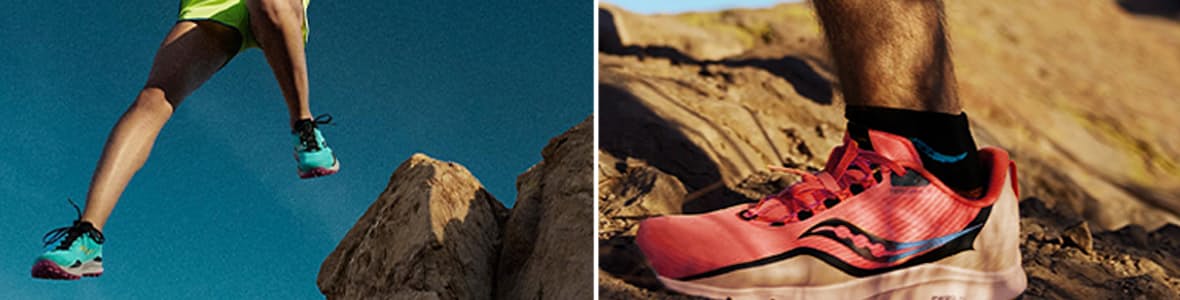 Close-up of a man jumping off rocks wearing Saucony outdoor shoes, emphasizing durability and grip.