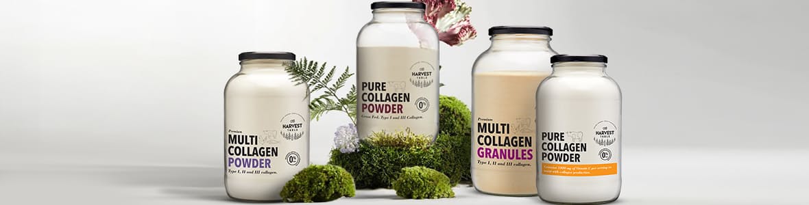 Various collagen powder products from The Harvest Table, featuring different flavors and packaging options.